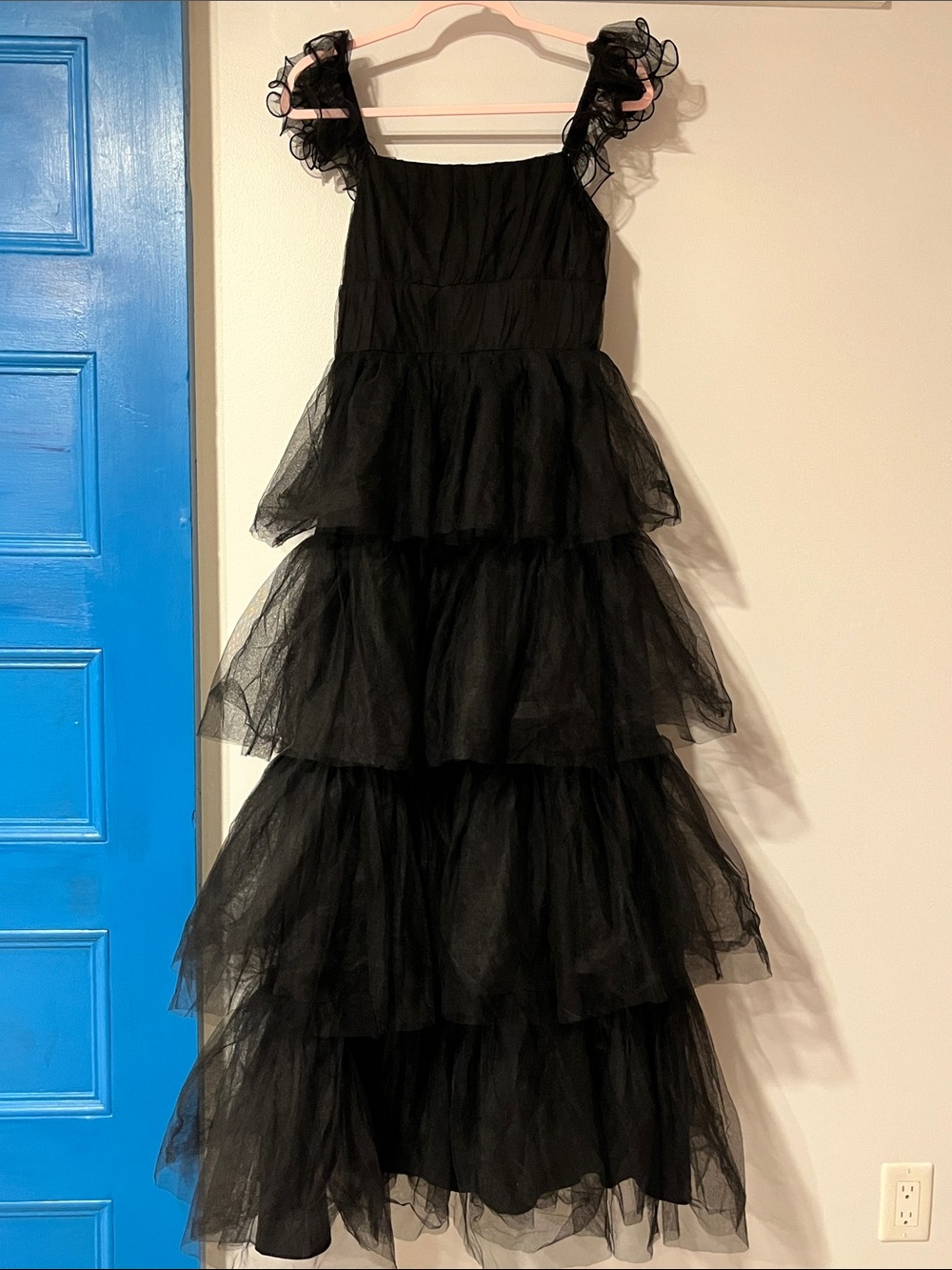 Black Tiered TulleDress with Ruffled Straps